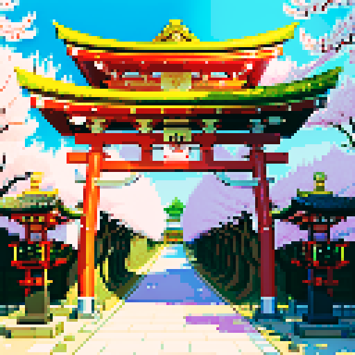 shiny silver shinto shrine, vibrant cherry blossom trees, traditional architecture with intricate details, shinto torii gate adorned with shiny silver decorations, a pixel art shiny silver chest in background, shiny silver lanterns illuminating the scene in sRGB colors, no gold colors, silver decorations only