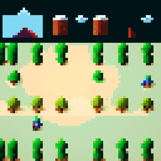 hero on a mountain terrain, rocky critters, trees in pixel art style