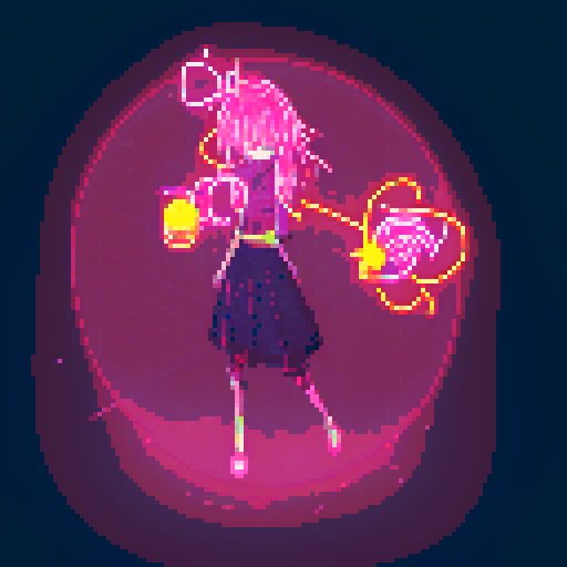 Mage anime girl, flowing hair, fluorescent tattoos, glowing staff, purple neon-lit night market, pixel art