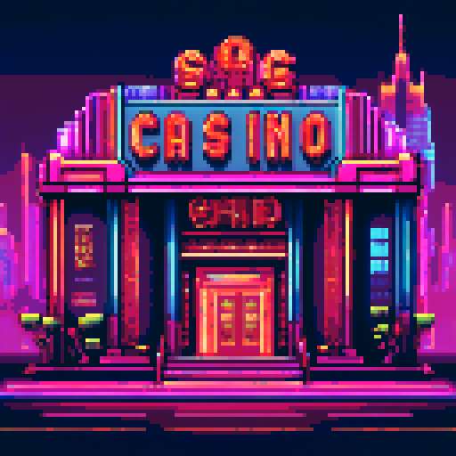 Entrance to a bustling casino, vibrant neon lights flickering, retro-inspired pixel art creating a lively and immersive sRGB experience
