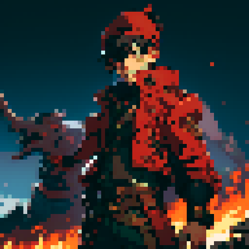 steampunk young man, red coat, red hat, 2D game stance, pixel art, sRGB