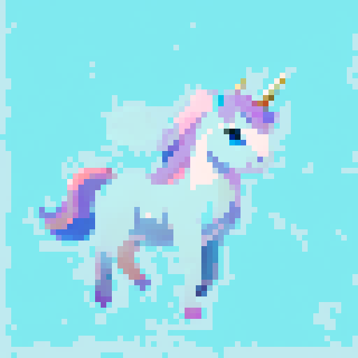 unicorn with rainbow hair in clouds, full body, vibrant colors, flowing mane and tail, soft pastel palette, fluffy white clouds