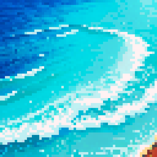 mediterranean waves, vibrant colors, intricate details, pixelated forms, fluid movement, contrasting hues, textured brushstrokes, sRGB palette