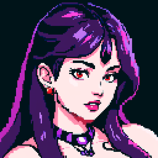 Thicc, busty goth girl, long purple hair, eyeliner, red lipstick, nude breast, studded collar, up close face portrait, vibrant sega genesis palette, nude pixel art portrait,