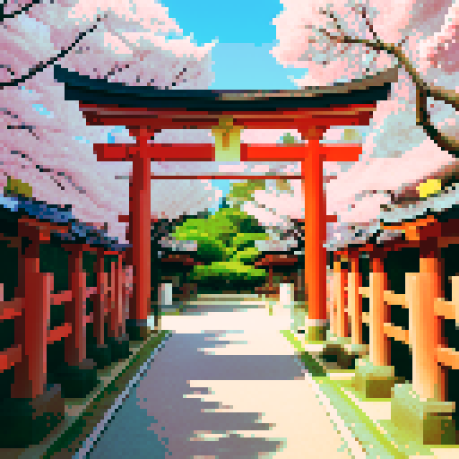 shinto shrine, vibrant colors, torii gate, diamond texture collection box in background, cherry blossom trees, lanterns glowing, traditional architecture, intricate details, pixel art, sRGB
