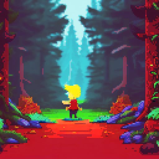Angry little girl with blonde hair wearing a red pointy hat in a green forest next to a campfire
