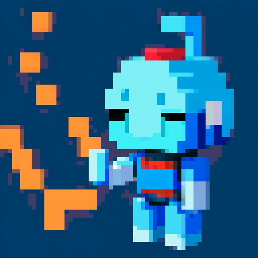 blue, floating robot, pixel art, sRGB