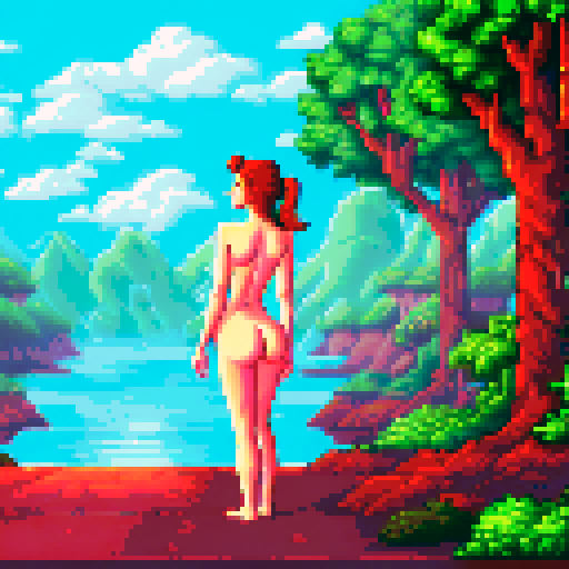 nudes, naked girls, sexy body, big boobs, sRGB, pixel art, background, landscape