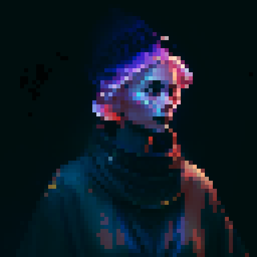 Female priest from the future, adorned in flowing robes and a headdress, holding a glowing staff, surrounded by holographic symbols and ethereal lights, in a majestic cathedral with stained glass windows depicting mythical creatures and celestial beings. Blue red and purple neon colours