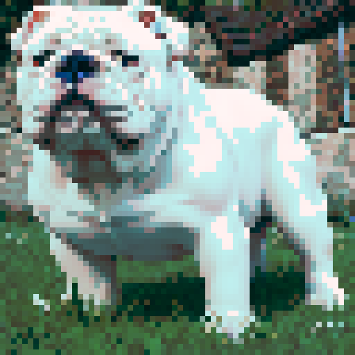 prestigious, all white English bulldog, underdog, overlooked, brave, fierce, determined, tired but relentless, pixel art, sRGB