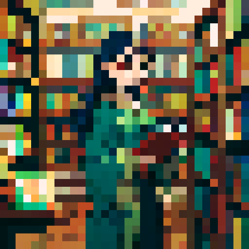 Bookstore, cozy, with shelves overflowing with books, a friendly, bespectacled shop owner, surrounded by vibrant, pixelated book covers, creating a charming, sRGB, pixel art scene