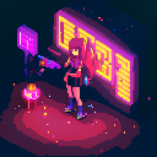 Street Mage anime girl with flowing hair, fluorescent tattoos, and a pixelated sniper rifle, navigating through a purple neon-lit night market and an sRGB glow
