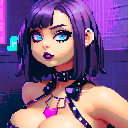 curvy, busty goth babe with studded collar. Nude big titty goth, in a close up nude glamour shot. Neon lighting, modern tile backsplash.