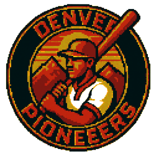 Pixel art of a fictional baseball team called the Denver Pioneers. red, orange and gold, sharp outlines, and soft pixel shading. The logo design mimics 80s MLB logos. Use a vibrant Sega Genesis 16-bit style with selective dithering, geometric forms, and nostalgic retro charm. Avoid modern gradients—keep it pure pixel art.