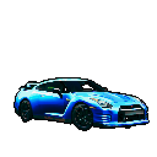 Photorealistic whole Nissan GT-R, three-quarter view, right front wheel, clean background, sRGB colors, pixel art style
