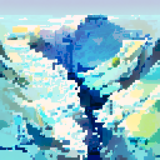 Snowy mountain range research complex with sleek, angular architecture blending into the snowy landscape, surrounded by icy cliffs and a frozen river cutting through the valley, all in a landscape portrait style.