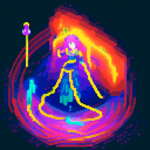  Mage anime girl with flowing hair, fluorescent tattoos, and a glowing staff,  floating in her evil lair