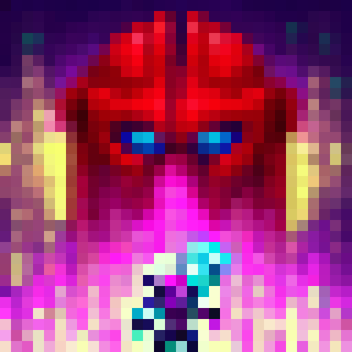 A neon-haired cyborg warrior wielding a laser katana battles a giant robotic spider in a futuristic, neon cityscape with towering skyscrapers and glowing holographic billboards, all rendered in a pixelated 32x32 skill art style.