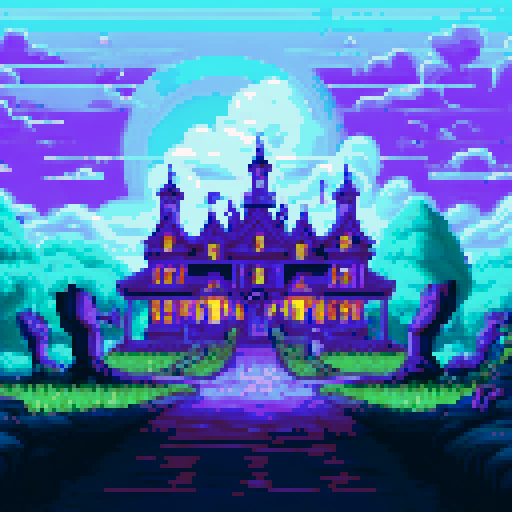 Haunted plantation style mansion, looming atop a hill, with a winding cobblestone pathway leading to its entrance, under a dark night sky filled with ominous thunderclouds and sporadic bursts of lightning, all depicted in pixel art, showcasing the eerie sRGB color palette, creating a haunting background landscape