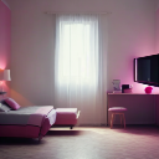 a 1980s style bedroom at night with moody pink hue lighting, with an old tv and old computer on