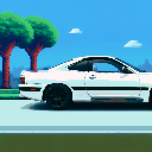 Photorealistic whole Nissan Silvia, three-quarter view, right front wheel, clean background, sRGB colors, pixel art style