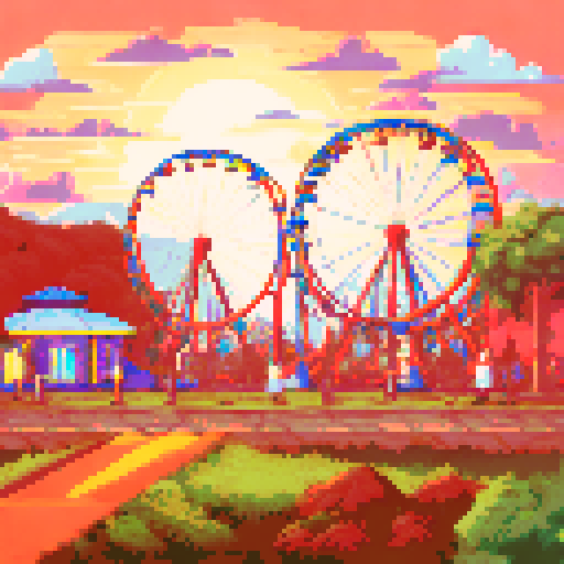 Amusement park, vibrant roller coasters, whimsical carousels, towering ferris wheels, sRGB colors, pixel art, detailed background, picturesque landscape
