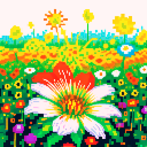Field of vibrant, exploding flower fireworks depicted in pixel art with a vivid sRGB color palette