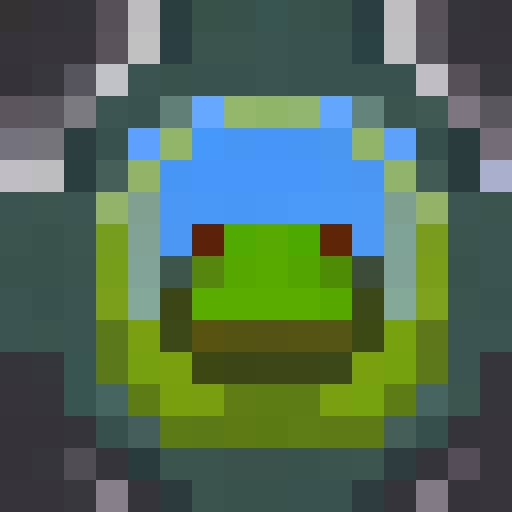 Green, chubby, smiling frog with bulging eyes and a round belly, sitting on a lily pad against a blue background, rendered in pixel art style with a close up portrait framing, perfect for a game icon or a 16x16 badge