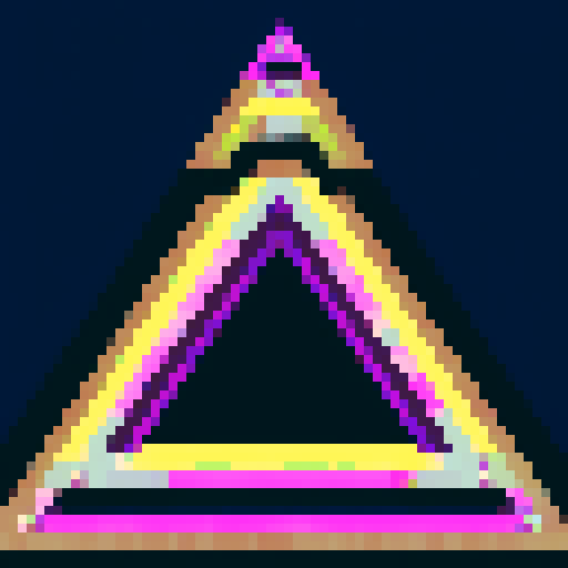 relic with two triangles, two circles below, black and white, purple glow, pixel art