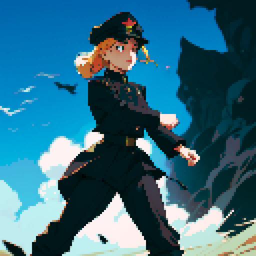 full-body image, military general woman, black uniform, black hat, facing left, ready to fight