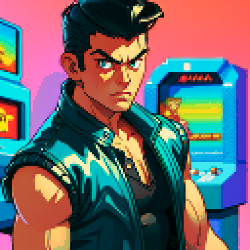 semi muscular greaser with pompadour and leather vest, 8-bit pixel art, vibrant sRGB colors, retro arcade game style