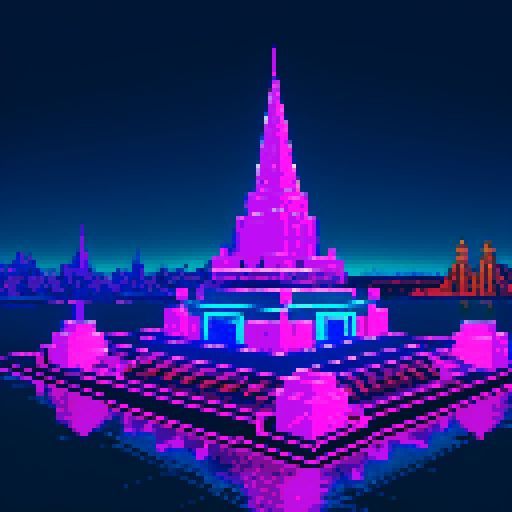 technological Aztec Style Pyramid with towering spires, shimmering in neon hues, surrounded by frozen waters reflecting the pixel art skyline