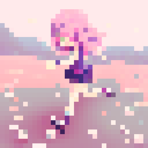 anime girl, pink hair, running with vibrant, pixelated surroundings and a trail of pixelated cherry blossom petals trailing behind