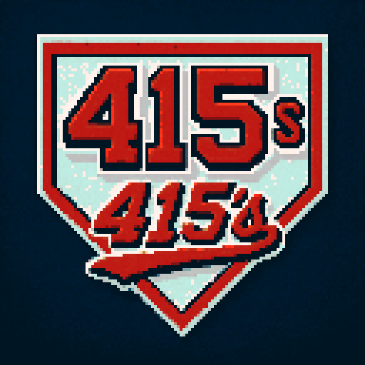 Pixel art of a fictional baseball team called the 415's. It is a reference to the area code.  Just showcase the text over a home plate. Red, white and gray, sharp outlines, and soft pixel shading. The logo design mimics 80s MLB logos. Use a vibrant Sega Genesis 16-bit style with selective dithering, geometric forms, and nostalgic retro charm. Avoid modern gradients—keep it pure pixel art.