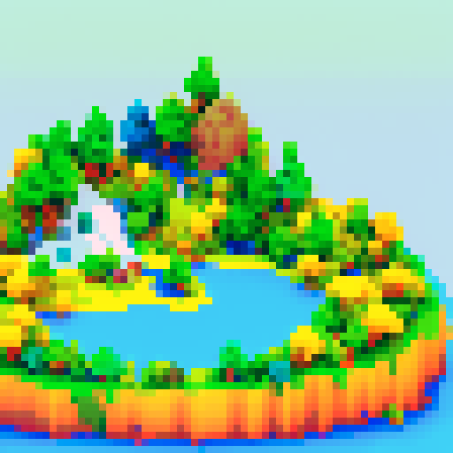 Picos cobertos de neve elevando-se sobre um lago sereno, cercado por florestas verdejantes e flores silvestres florescentes, tudo renderizado em pixel art sRGB vívido com um fundo de uma paisagem deslumbrante