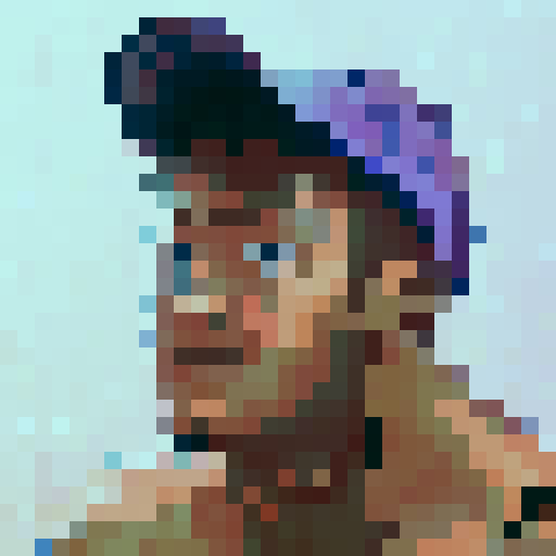 "64x64 pixel art portrait of a cute guy with puffy cheeks, staring intently to the left with a determined expression, rendered in skillful sRGB color palette reminiscent of a game icon."