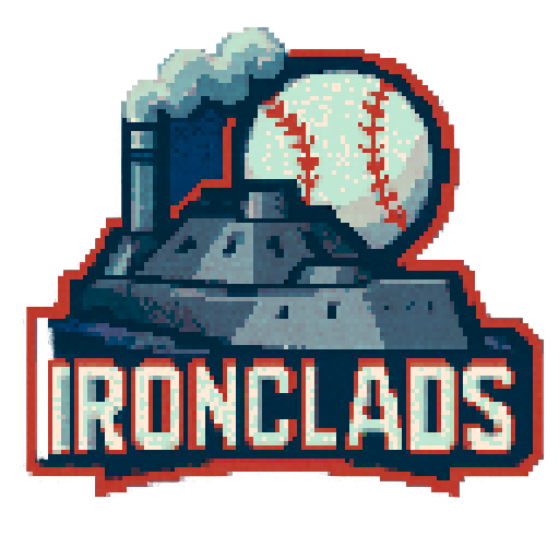 Pixel art of a fictional baseball team called the Ironclads.  Ironclads are civil war era military boats. Dark blue, red and gray, sharp outlines, and soft pixel shading. The logo design mimics 80s MLB logos. Use a vibrant Sega Genesis 16-bit style with selective dithering, geometric forms, and nostalgic retro charm. Avoid modern gradients—keep it pure pixel art.