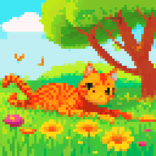 orange cat lying on the meadow, dragonfly on its head, warm summer sun, warm tones

