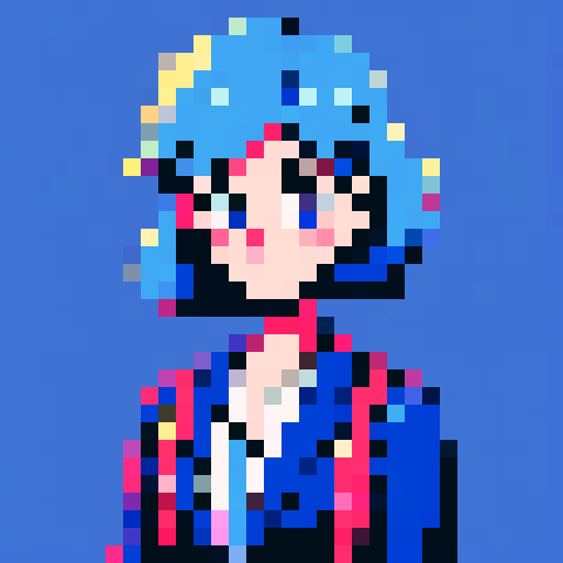 cute cartoon female in a blue suit, vibrant colors, playful expression, pixelated details, retro video game vibes, sRGB color space