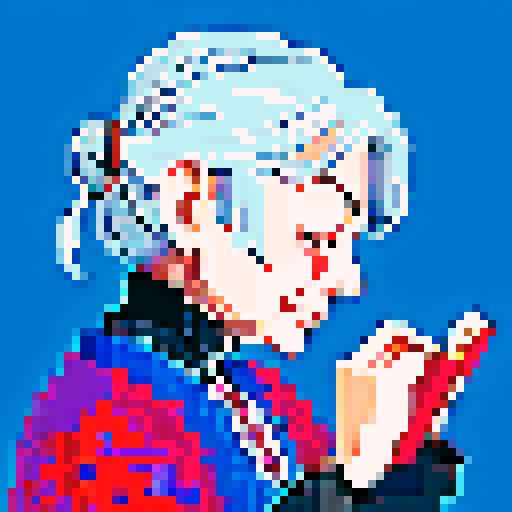 old lady, sitting, sleeping, book in hand, long silver braid, profile, whole body, game avatar, 16x16, pixel art, close up, portrait