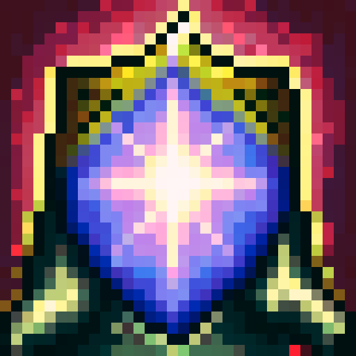 Create a paladin spell icon with a skillful, close-up depiction in 32x32 pixel art style, featuring a glowing aura, shining sword, and intricate holy symbol on a background of divine light in sRGB color