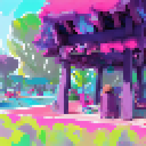 Teal and purple island with a modern 3D playground, where kids play amongst pink accents and imaginative structures, rendered in a colorful art style.