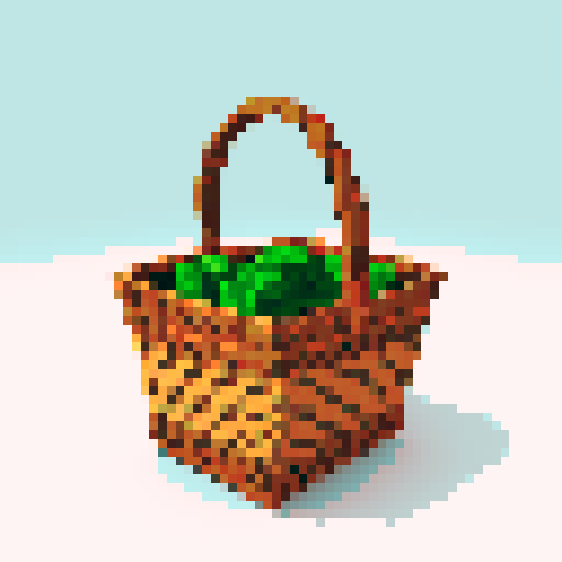 Empty rush basket, intricate weaving, , small pixels, low resolution, , detailed shading, sRGB color palette, minecraft textures, 