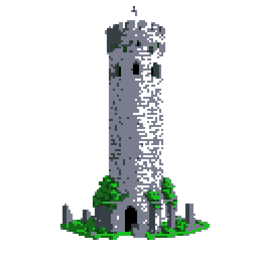 2d grey stone tower in an ancient english style. Old and crumbling but still upright. Green vines crisscross it. Usable as an asset (clear, thick lines and a white background). Put a black stroke around the composition