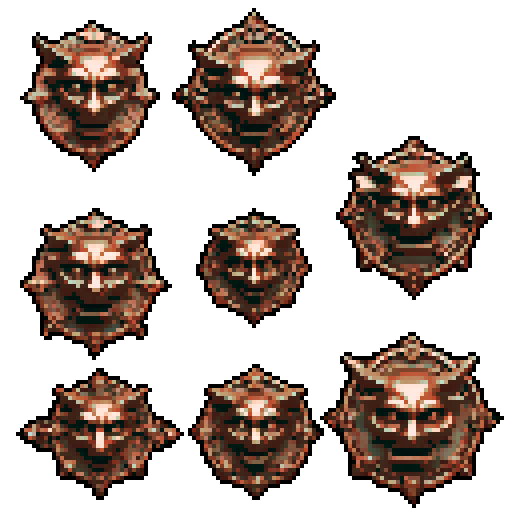 simple, geometrical pieces copper from old door knocker and gargoyles. Steampunk. It should be seen as if on a wall, with no perspective, on a solid-color background. There should one be two or three pieces in each frame, it shouldn't be complete.