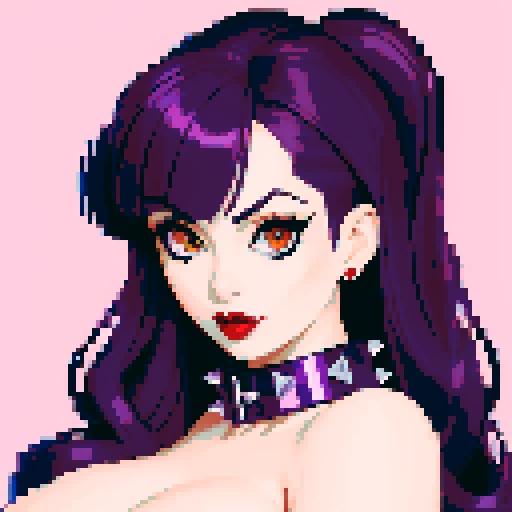 Thicc, busty goth girl, long purple hair, eyeliner, red lipstick, nude breast, spiked collar, up close face portrait, vibrant sega genesis palette, nude pixel art portrait,