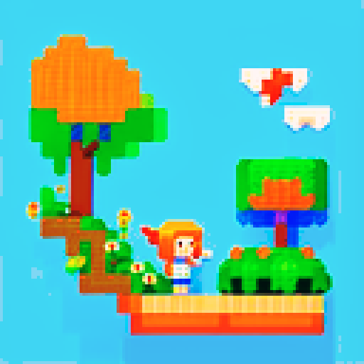 An illustration in the style of a pixel art of two people, a pixelated girl with orange hair, a pixelated girl with blue hair and a white pixelated cat, in a mysterious and primordial rainforest scene, A pixel parrot flies in the sky