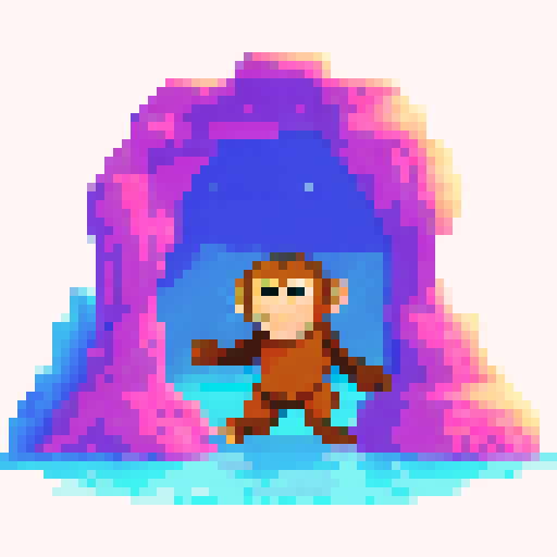 A macaque looking straight at the camera with crystals in a cave behind him