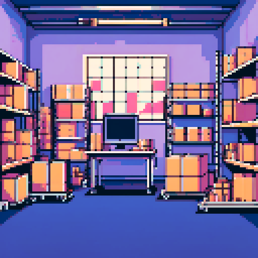 warehouse workstation with a conveyor belt and trolley filled with boxes, pixelated details, vibrant sRGB colors
