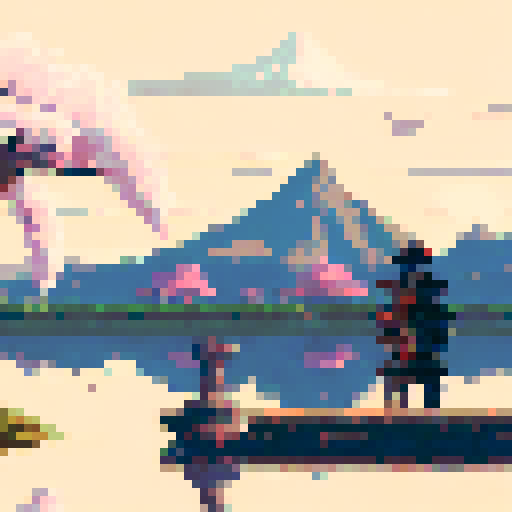 Ancient wooden pagoda surrounded by blooming cherry blossoms, nestled in a misty mountain range overlooking a tranquil river